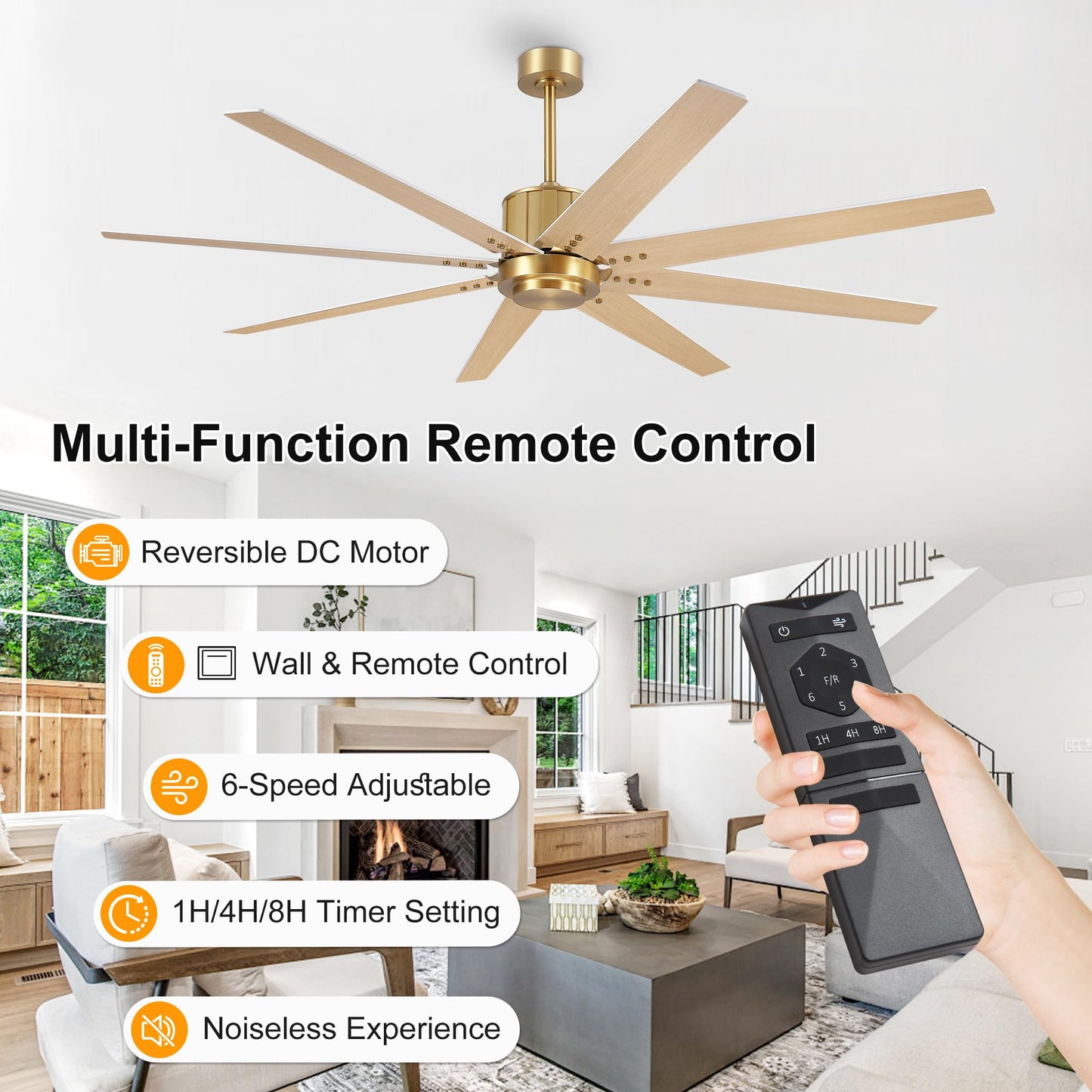 WINGBO 64" Ceiling Fan without Light, Modern Large Ceiling Fan with Remote Control, 6-Speed Reversible Noiseless DC Motor, Gold and White/Oak Blades for Living Room, Bedroom & Covered Outdoor