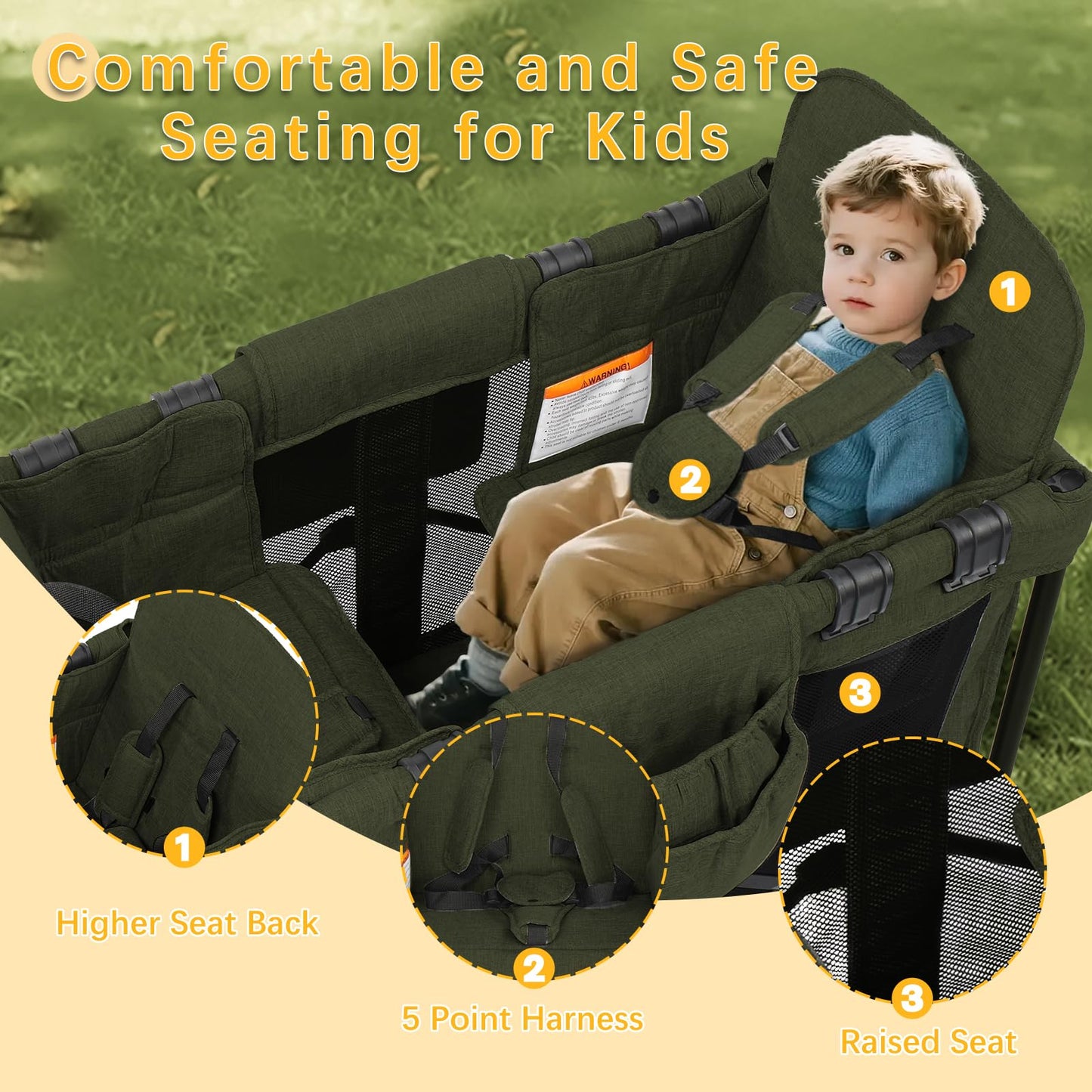 Wagon Stroller for 2 Kids, Foldable All-Terrain Wagon for Kids with Canopy, Adjustable Push and Pull Handles,Convertible High Seat & Organizer, 5 Point Harness