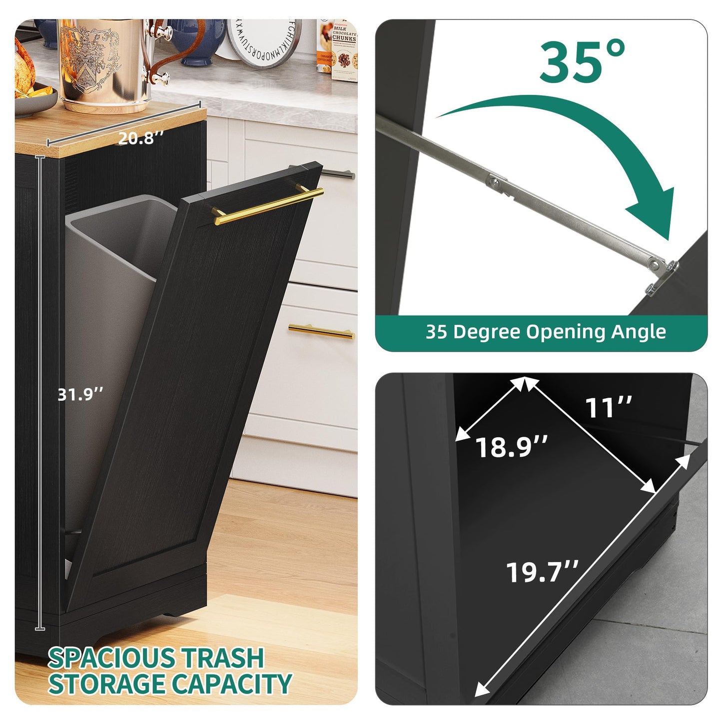 YITAHOME 53 Inch Large Rolling Kitchen Island with Trash Can Storage Cabinet, Portable Mobile Islands Table Long Floating Movable w Wheels Cabinet for 13 Gallon Garbage Bin 2 Drawer, Black