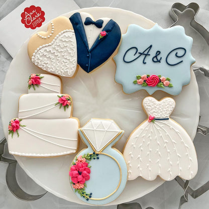 Ann Clark Wedding Cookie Cutters 5-Pc Set Made in the USA - Square Plaque, Wedding Cake, Dress, Diamond Ring, Double