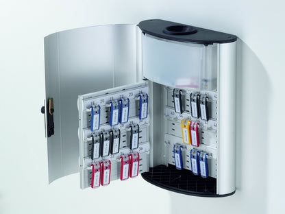 Durable Key Safe Box Plus - Wall Mounted Key Holder Cabinet with Combination Lock Holds 54 Key Clip Keys - Aluminum Silver Key Safe Including 6 Key Clip Tags and Key Drop Slot - Securely Lock Keys