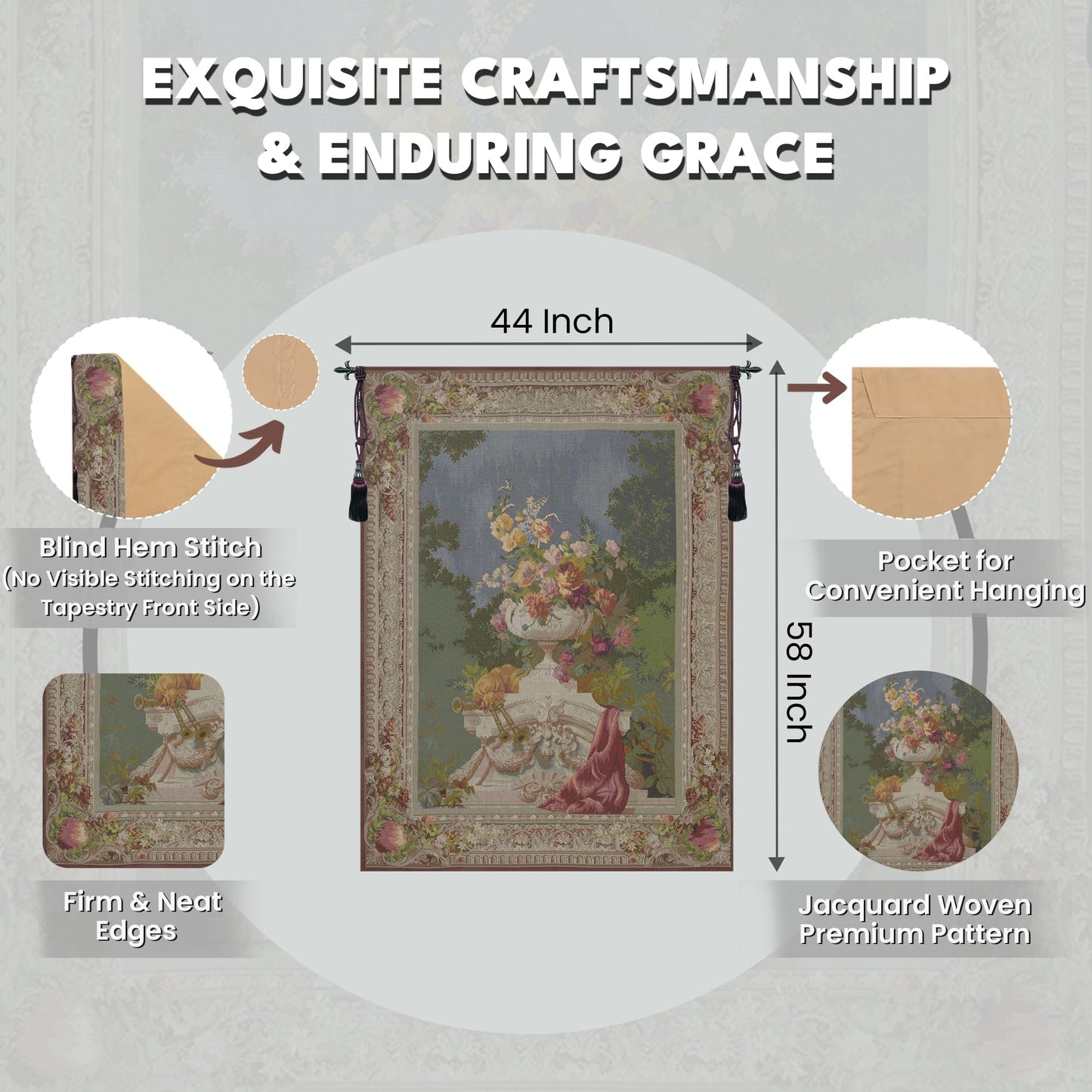 Charlotte Home Furnishings Inc. Ornamental Floral French Tapestry Wall Hanging, 58 X 44 Inch, Viscose Cotton And Polyester Blend Wall Art, Woven In France, Perfect For Home Decor And Wall Decor