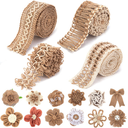 VGOODALL 16 PCS Natural Burlap Flowers Set, Including 12 PCS Handmade Lace Flowers and Bowknots, 4 Rolls Burlap Ribbon for Christmas Birthday Party Wedding Home Embellishment DIY Crafts