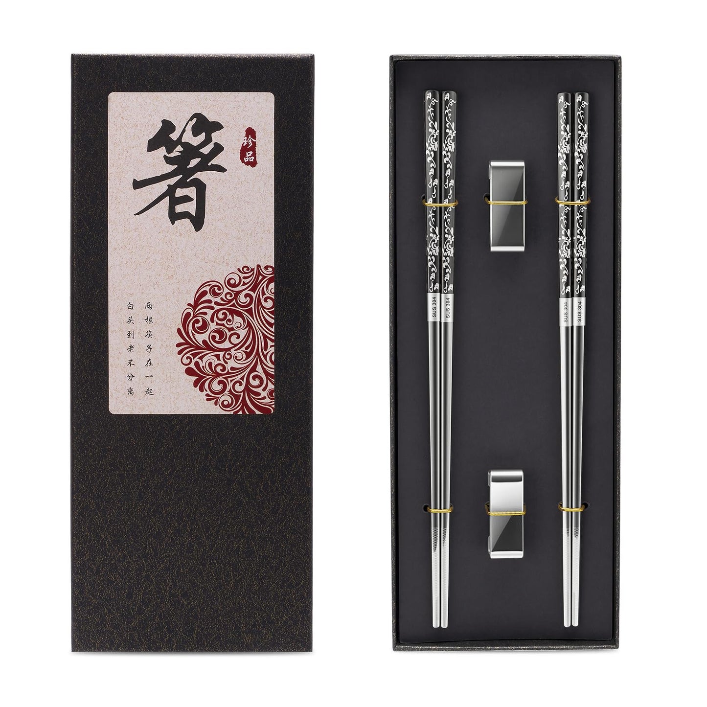 JEETEE 2 Pairs Titanium Coated Anti-slip Stainless Steel Reusable Chopsticks Dishwasher Safe - Nice Metal Chop Sticks with Holder Set Sushi Ramen Chopsticks for Daily Party Camping Gift 9.25 Inch Grey