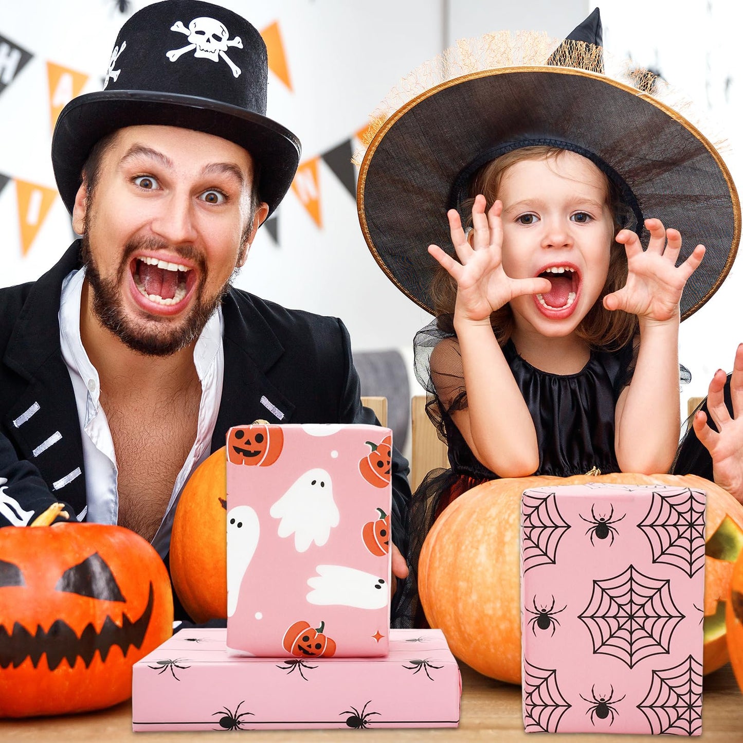 Whaline 105 Sheets Halloween Tissue Papers 7 Designs Pink Orange Black Wrapping Paper Ghost Pumpkin Spider Web Decorative Art Paper for DIY Crafts, 14 x 20 Inch
