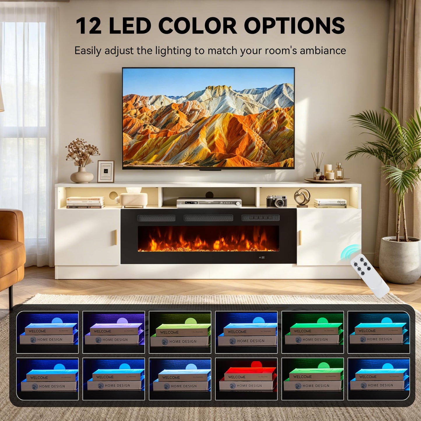 OneBlis 70" Fireplace TV Stand with Power Outlet, Electric Fireplace Entertainment Center with Storage Cabinets, Fits TVs up to 80", TV Console with LED Lights for Living Room, Office, White-Black