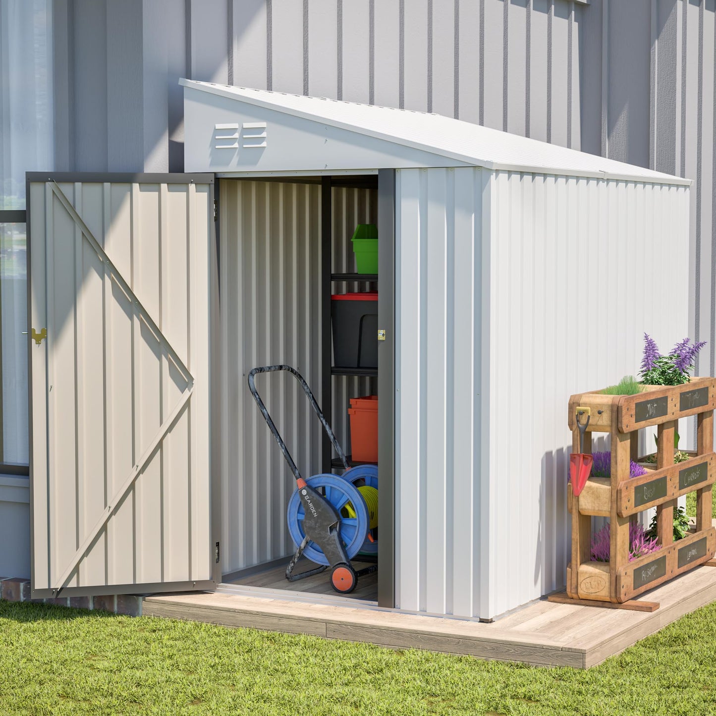 YOPTO 4×7 FT Outdoor Metal Storage Shed,Heavy-Duty Lean to Storage Shed with Lockable Door and Reinforced Beams,All Weather Waterproof Storage House W/2 Air Vents,for Backyard,Patio,Lawn,White