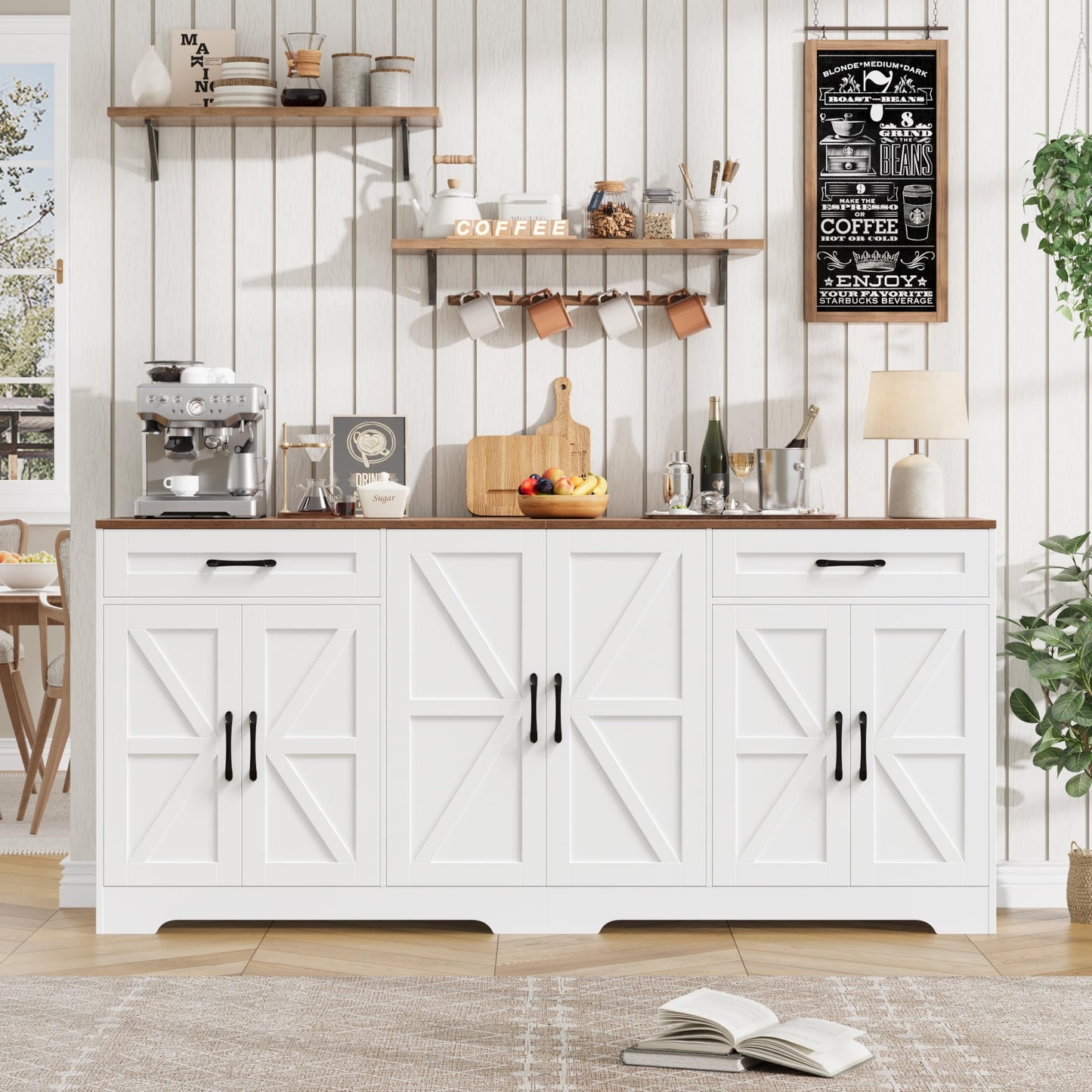 BOTLOG 71” Large Sideboard Buffet Cabinet with Storage, Farmhouse Kitchen Buffet Cabinet with Adjustable Shelves and 6 Barn Doors, Wood Coffee Wine Bar Console Table for Kitchen, Dining Room, White