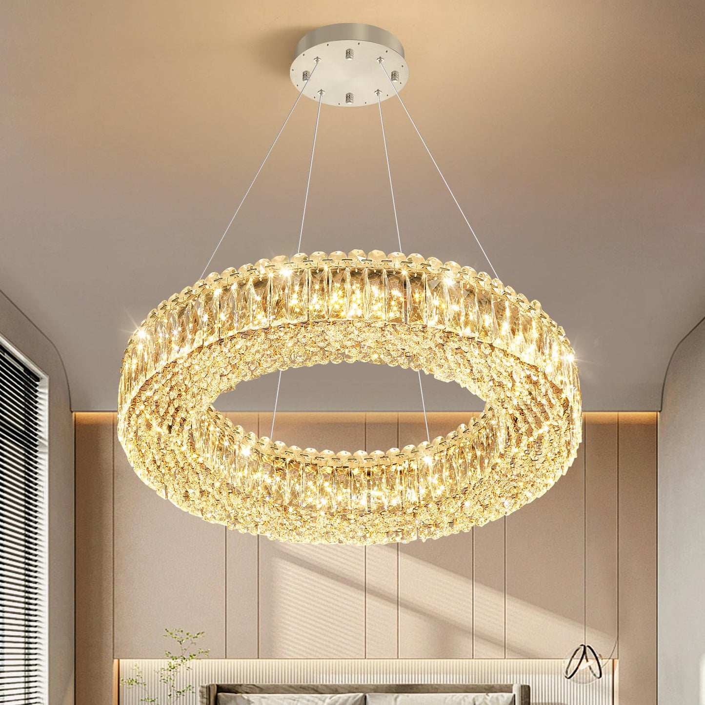 24'' Modern Crystal Chandeliers Large Ring Chandelier for Living Room LED Dimmable Ceiling Light for Dining Room High Ceiling Chandeliers for Foyer Entryway Silver