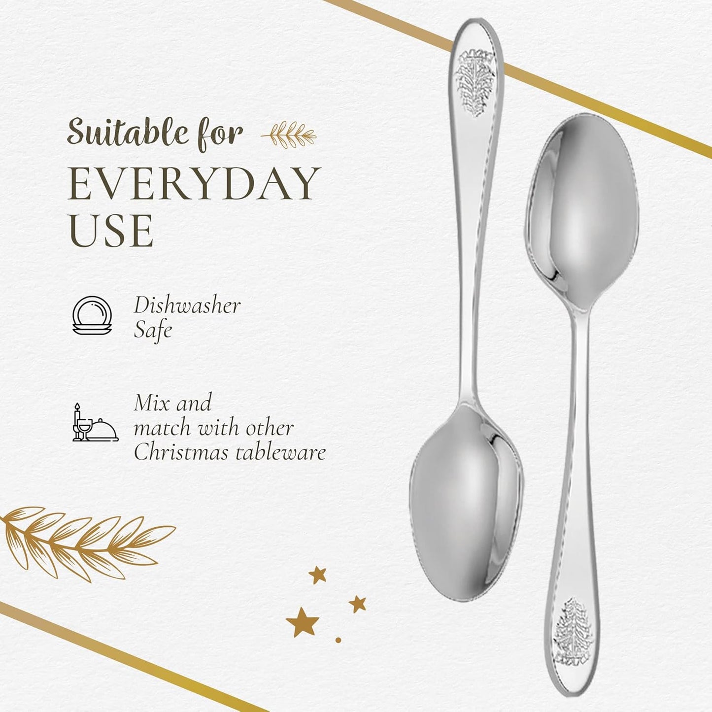 Spode Christmas Tree Cocktail Spoons | Christmas Dessert Spoons | Flatware Set for 6 | 18/10 Stainless Steel Utensil