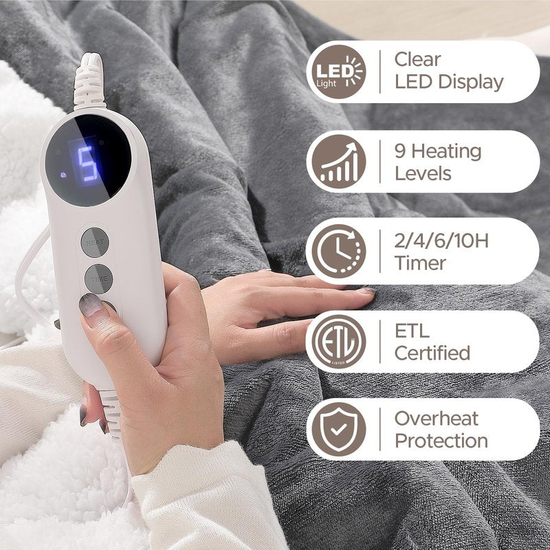 STHYTON Heated Blanket 72"x84" Full Size, Dual-Sided with Soft Flannel & Sherpa Fabric, Electric Blanket with 9 Heating Levels & 2-10 Hours Auto Off, Machine Washable, Light Gray