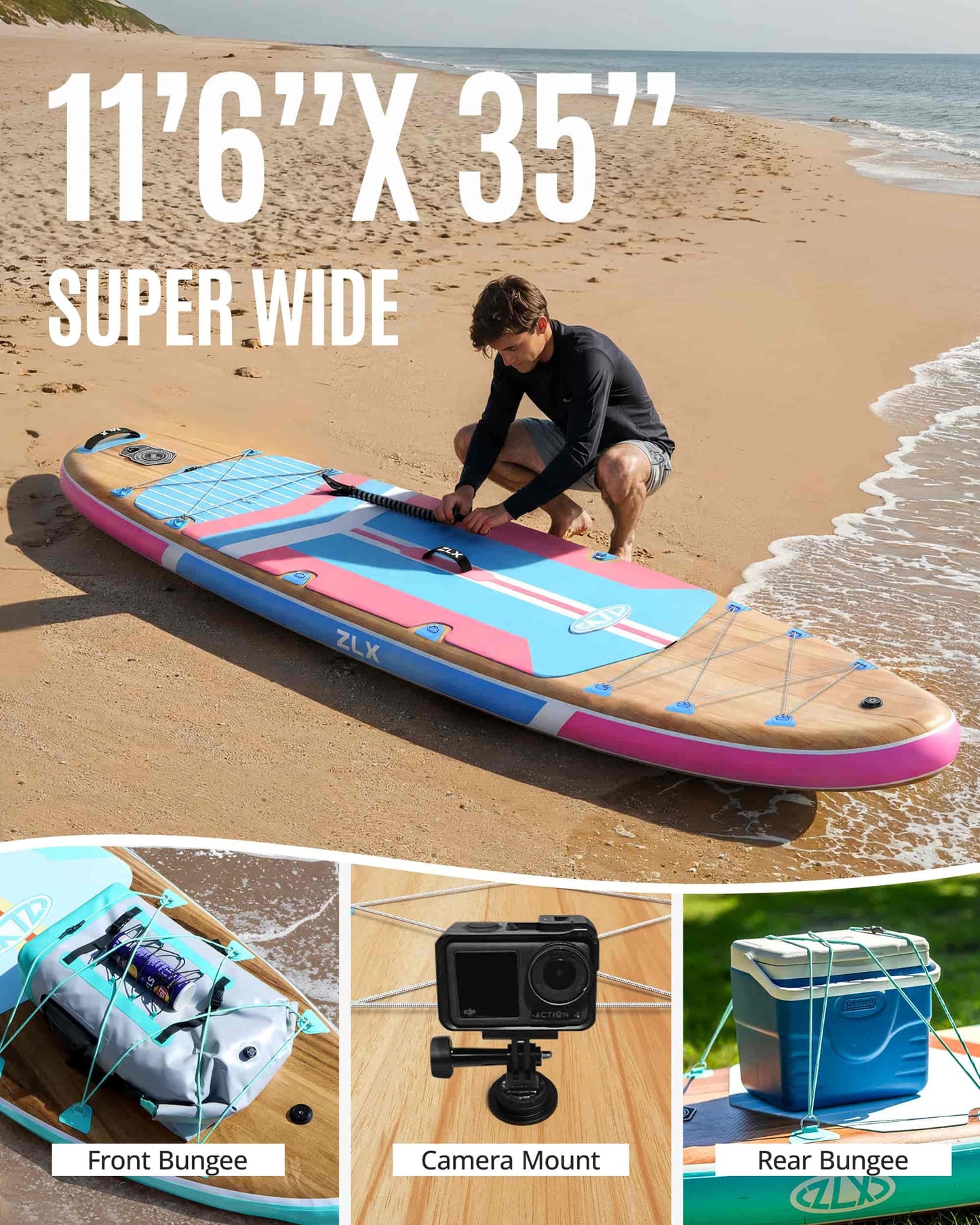 ZLX 11'6"x35" Ultra Wide Inflatable Stand Up Paddle Board | Stable Non-Slip Deck Pad, Unique Fin System, Premium SUP Accessories & Backpack - Upgraded Pump for Adults, All Skill Levels