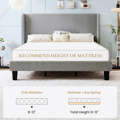 SHA CERLIN King Size Corduroy Upholstered Platform Bed Frame with Vertical Channel Tufted Wingback Headboard, 8" Under Bed Storage, Wooden Slats & Metal Frame Support, Easy Assembly, Light Grey