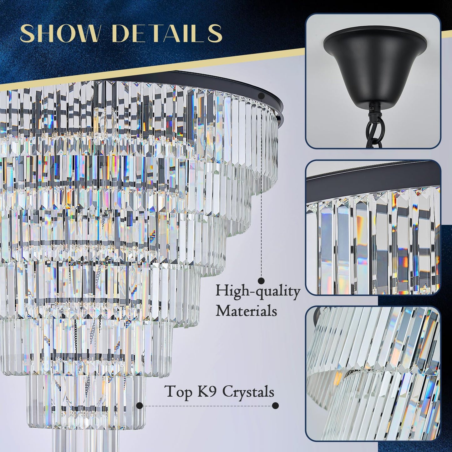 MERINEA Large Black Crystal Chandelier 36" Round Chandeliers for Staircase Modern 22 Lights 7-Tier Luxury K9 Crystal Ceiling Pendant Lighting Fixture for High Ceiling Living Room Foyer
