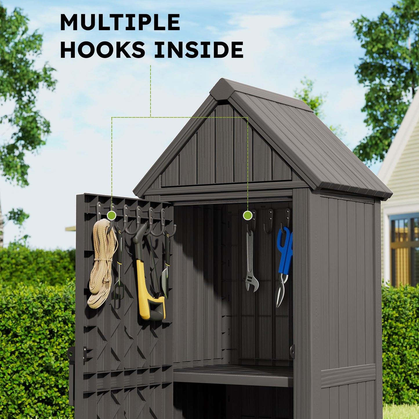 WTFGO Vertical Outdoor Storage Shed, Waterproof Resin Outdoor Storage Cabinet with Removable Shelves & 12 Hooks, Lockable Small Tool Shed for Garden, Backyard, Patio, Pool, Classic Gray