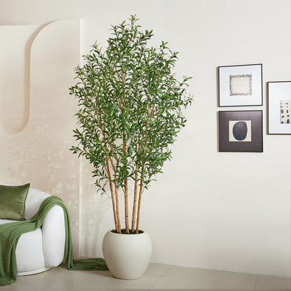 VeriNatural 8FT Olive Trees Artificial Indoor, Faux Olive Tree with Natural Wood Trunk, Lifelike Fake Plant with White Planter Included, Realistic Artificial Plants for Home Office Living Room Decor