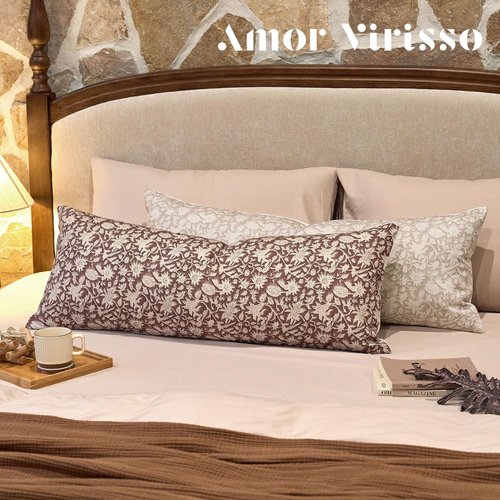 Amor Virisso Floral Throw Pillow Covers 14x36 Couch Pillows for Living Room Decorative Accent Pillow Covers Block Print Farmhouse Neutral Pillow Covers Sofa Pillows 1PC, Cream Oatmeal
