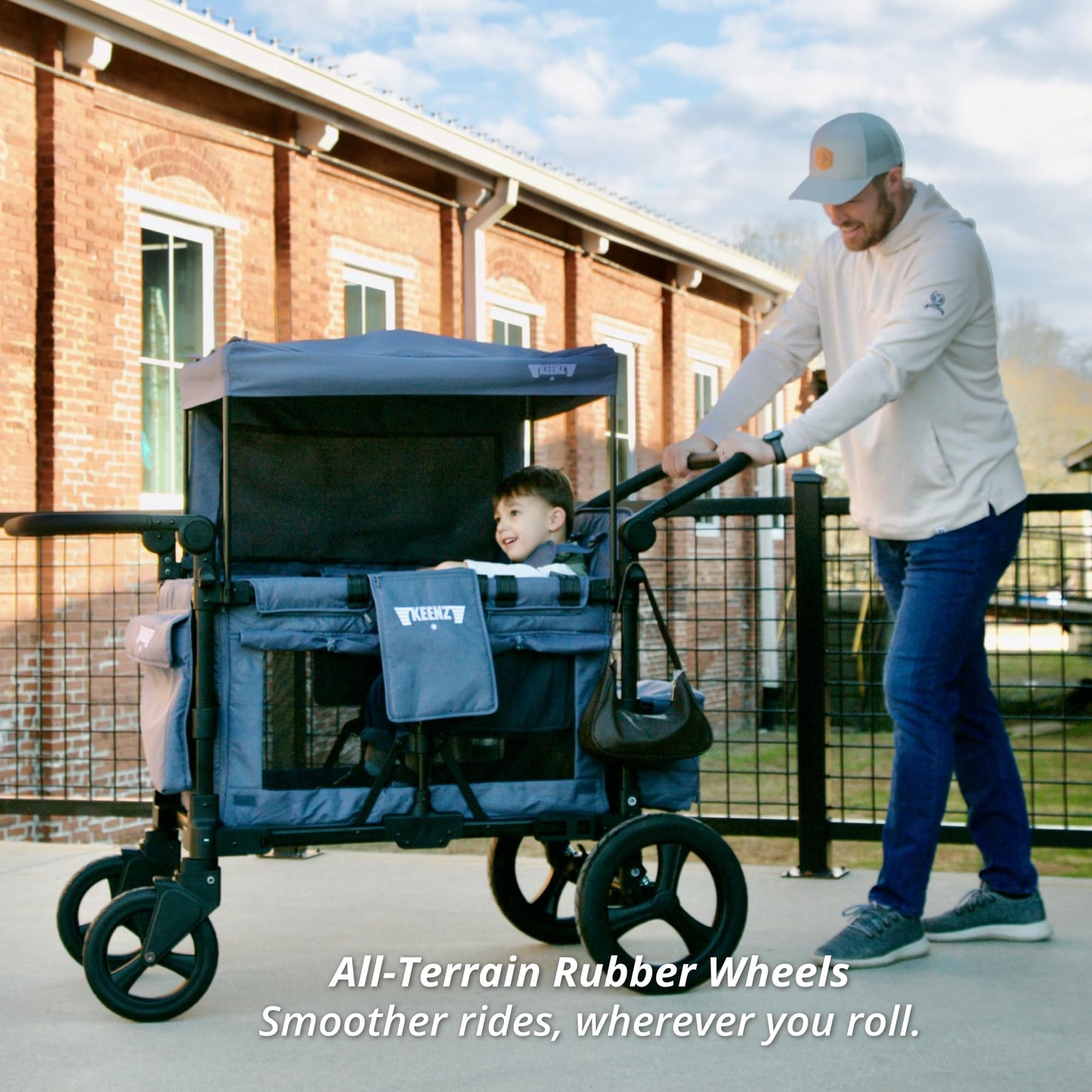 Keenz MOOV 4-Passenger All-Terrain Stroller Wagon with Reclining Seats, Built-in Cooler, Push/Pull Handle, Rubber Wheels, and Activity Tray – Foldable Wagon for Four Kids, Blue