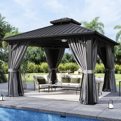 Aoxun 12'x12' Hardtop Gazebo, Metal Frame Canopy with Double Galvanized Steel Roof, Outdoor Metal Pavilion with Netting, Curtains for Backyard, Patio and Deck