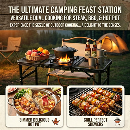 Portable Folding Aluminum Camping Table — IGT-Compatible Modular Camp Kitchen Table, Carbon Steel Mesh Top with Tactical Hooks & Carry Bag, for Camping Picnic Tailgating BBQ Outdoor Cooking