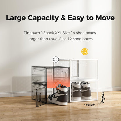 Pinkpum XXL Shoe Storage Boxes - Clear Plastic Stackable Organizer for Size 14 Sneakers | 12 Pack