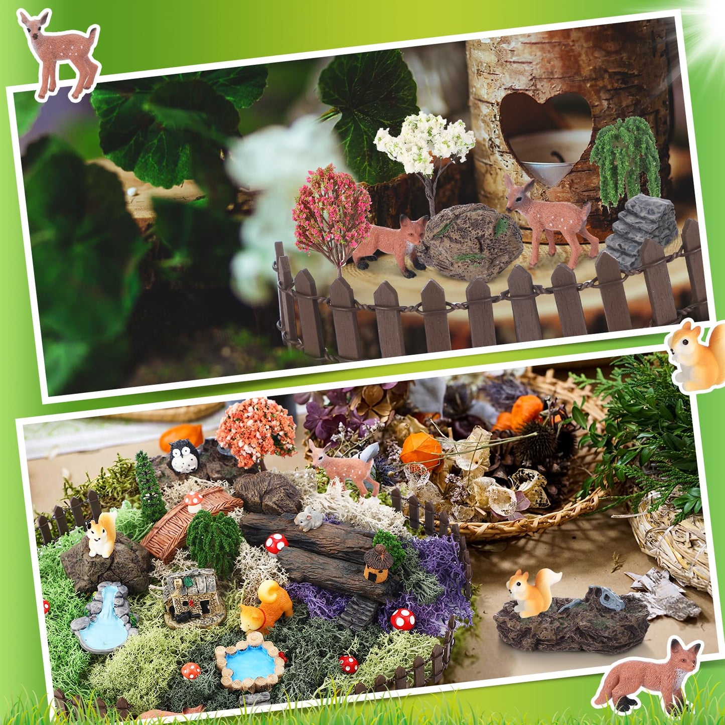 Chunful 45 Pcs Fairy Garden Accessories Miniature Garden Figurines Tiny Resin Animals Forest Kit Pool Bridge Fence Pond Mushroom for Dollhouse Potted Plant Bonsai Terrarium Decor