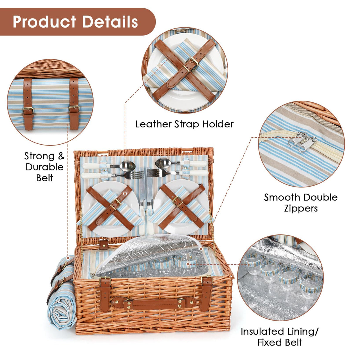 HappyPicnic Wicker Picnic Basket Set for 4 Persons | Large Willow Hamper with Large Insulated Cooler Compartment, Waterproof Blanket and Cutlery Service Kit-Classical Brown