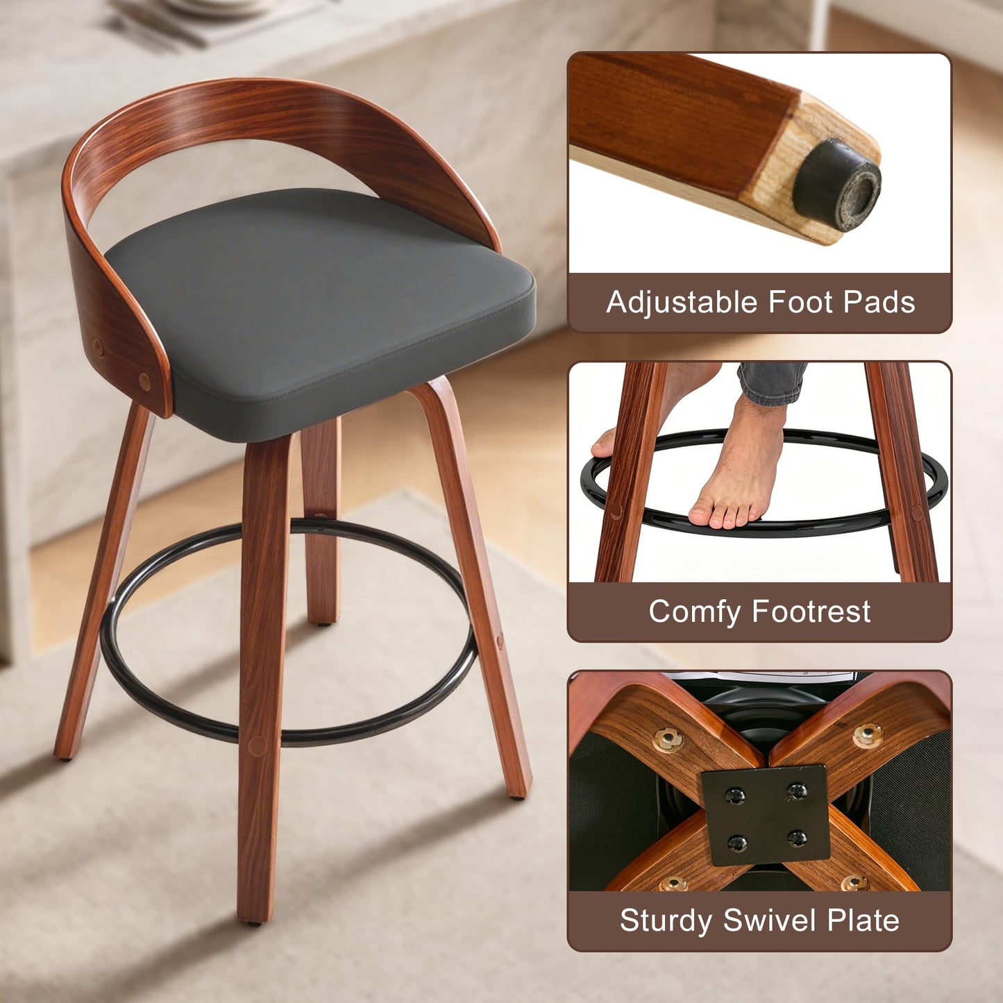 Phent zari Swivel Bar Stools, Mid Century Modern Bar Chairs Island Stools for Kitchen Counter, 25" Upholstered Faux Leather Counter Height Barstools with Walnut Back & Bentwood Legs (4, Grey)