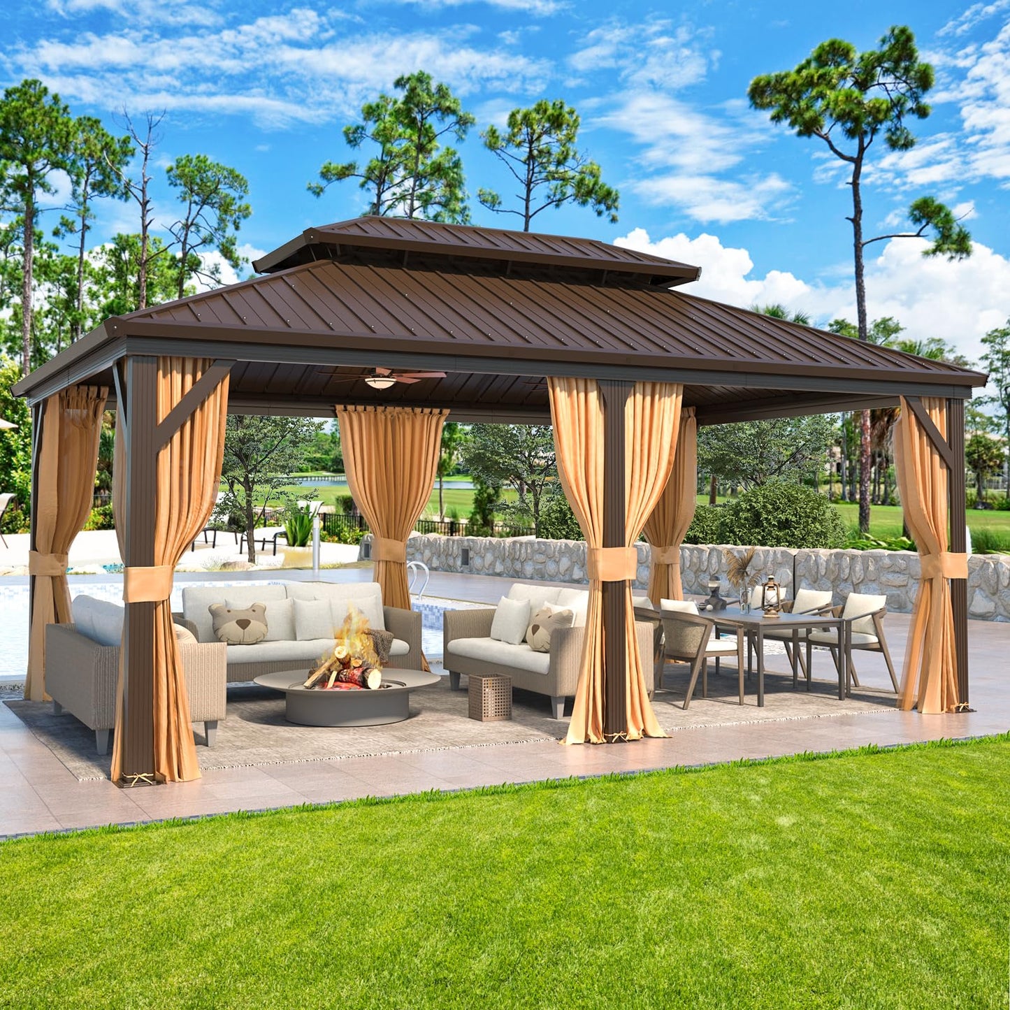 YOLENY 12' x 18' Gazebo Hardtop with Aluminum Frame,Galvanized Steel Double Roof Gazebos with Curtain and Netting,Outdoor Metal Pergolas for Garden, Lawn, Deck, Brown