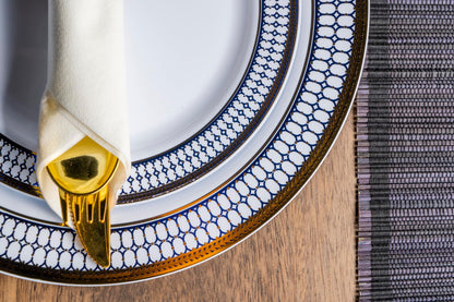 MONEST 350Pcs Blue and Gold Plastic Silverware Set for 50 Guests, Disposable Dinnerware Set includes: 50 Pre Rolled Napkins with Utensils, 50 Dinner Plates, 50 Dessert Plates, 50 Cups (Royal Sapphire)