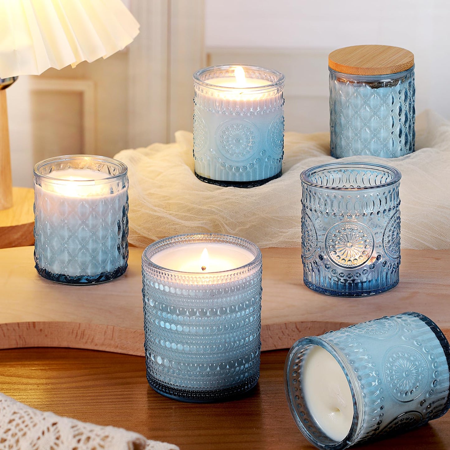 DARJEN 12 Pack Blue Candle Jars for Making Candles- 3 Styles Glass Candle Making Jars Bulk with Bamboo Lids and Labels, Candle Making Supplies Candle Vessels for DIY Gifts
