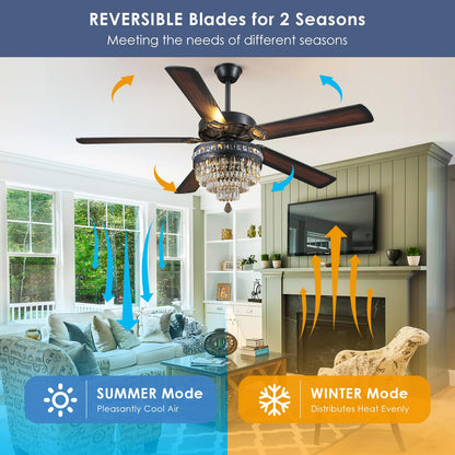 Asyko 62" Crystal Ceiling Fan Fandelier with Lights - Black Modern Crystal Chandelier Fans with Remote Control，Noiseless DC Motor, Retro/Farmhouse Lighting, Dining Room， Living Room