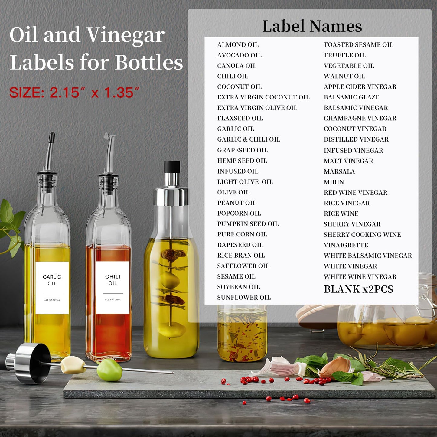 HVSWLY Oil and Vinegar Labels for Bottles,50 Pantry Labels for Vinegar & Oil Dispenser Bottles,Olive Oil Bottle Jar Labels Stickers, Kitchen Condiment Labels Set