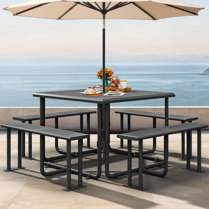 YITAHOME Coated Steel Picnic Table, 46" Heavy Duty Outdoor Picnic Table w/Sturdy Steel Frame & Umbrella Hole for Yard Patio Lawn Party, Square, Black