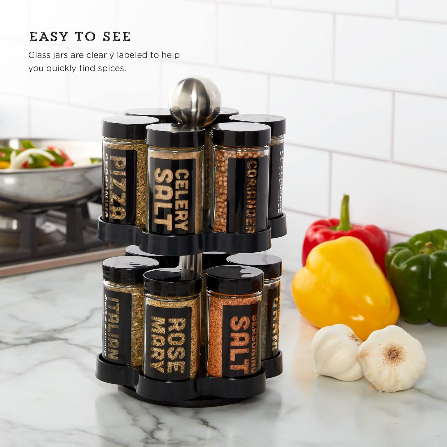 12 Countertop 5 Kamenstein Jar Madison Revolving Spice Rack with Spices Included, FREE Spice Refills for years, Black