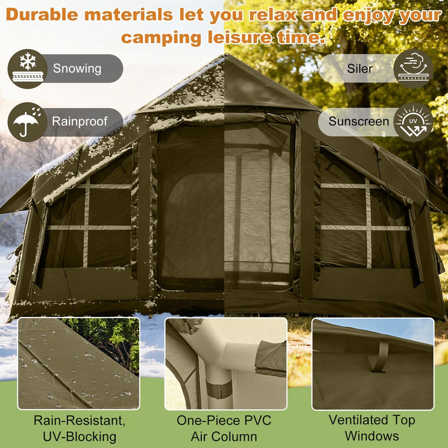 Inflatable Tents for Camping with Electric Air Pump, 6/8 Person Easy Setup Blow Up Tents for 4 Seasons Waterproof Inflatable Camping Tent with Skylight, Air House Glamping Tents for Adult