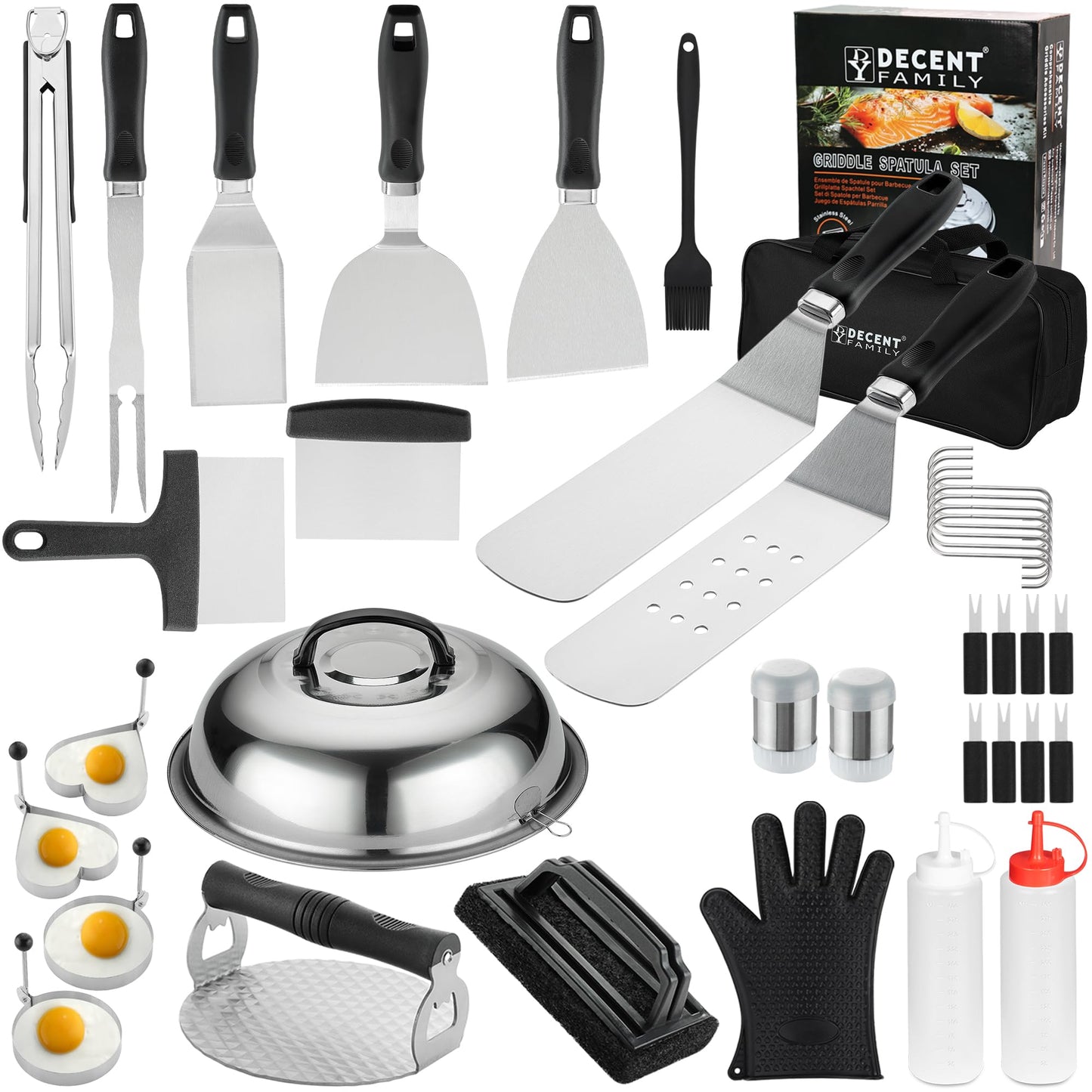DY DECENT FAMILY 39PCS Griddle Accessories Kit, Flat Top Grill Accessories Set for Outdoor Barbecue. Griddle Tools Set with Basting Cover, Spatula, Scraper, Burger Press, Tongs and Cleaning Kit