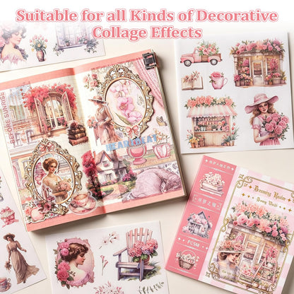Dreamland Series Sticker Book, 2 Piece Set (Pink & Green), 100 Sheets Aesthetic Washi Stickers for Journaling - Vintage Scrapbooking Supplies for Junk Journal, Planner, DIY Arts & Crafts