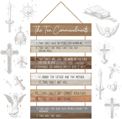 Ten Commandments Wall Art by Christian Home - Wooden Bible Verse Decor for Living Room, Office, Garden