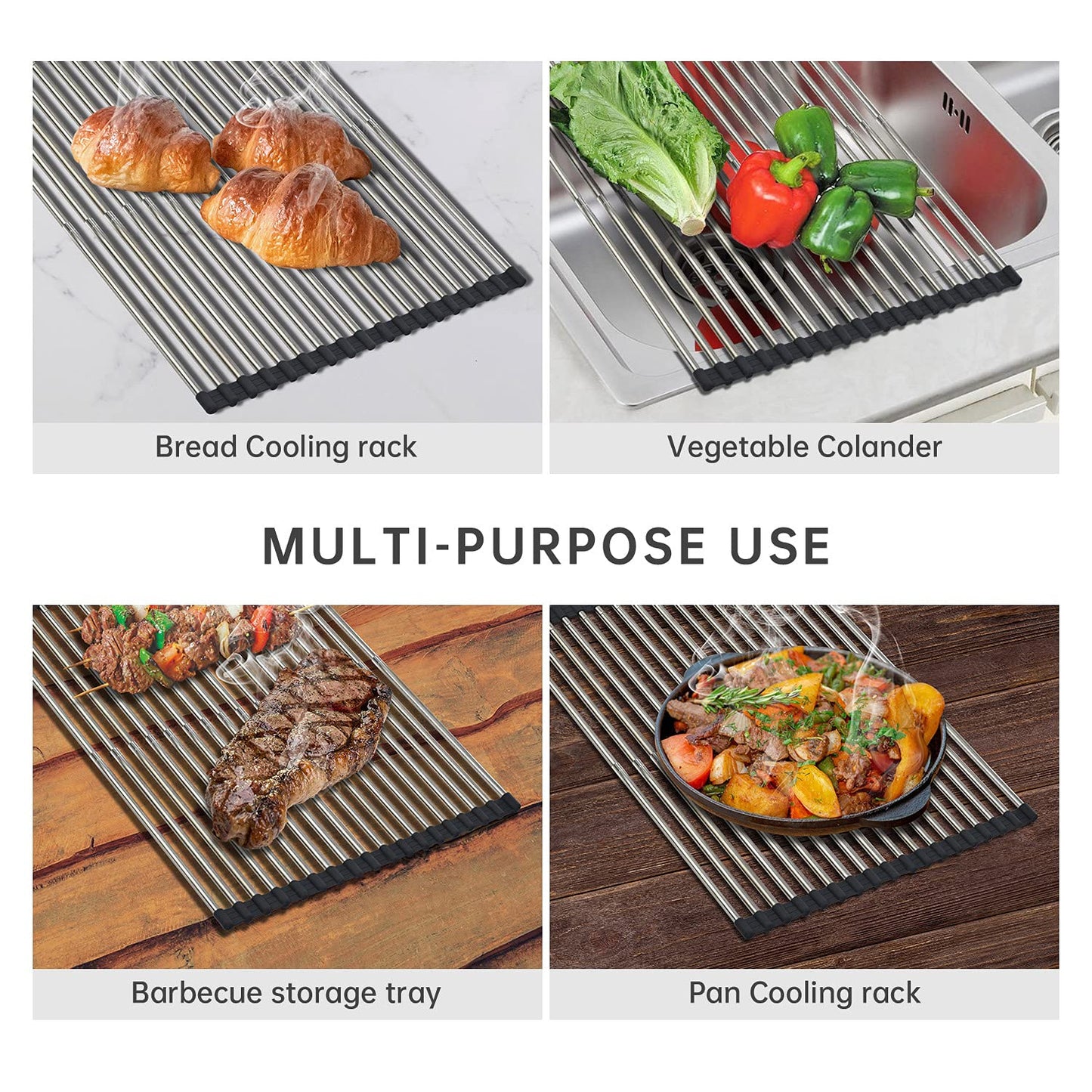 CHIRISEN Expandable Large Roll Up Dish Drying Rack, Foldable Over The Sink Dish Drying Rack, Rolling Dish Drainer Stainless Steel Roll Rack for Kitchen Sink Counter (Black, 21.25x12.79)