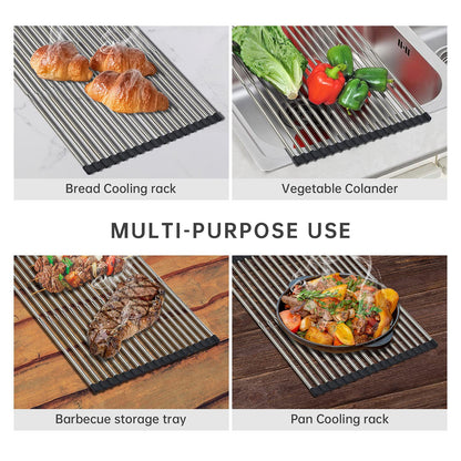 CHIRISEN Expandable Large Roll Up Dish Drying Rack, Foldable Over The Sink Dish Drying Rack, Rolling Dish Drainer Stainless Steel Roll Rack for Kitchen Sink Counter (Black, 21.25x12.79)