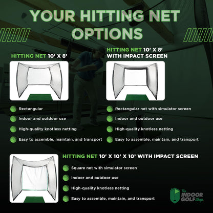 The Indoor Golf Shop - Golf Net 10' x 8' with Impact Screen Knotless Golf Hitting Net with Simulator Screen for Indoor and Outdoor Practice - Arrives Ready to Assemble and Use