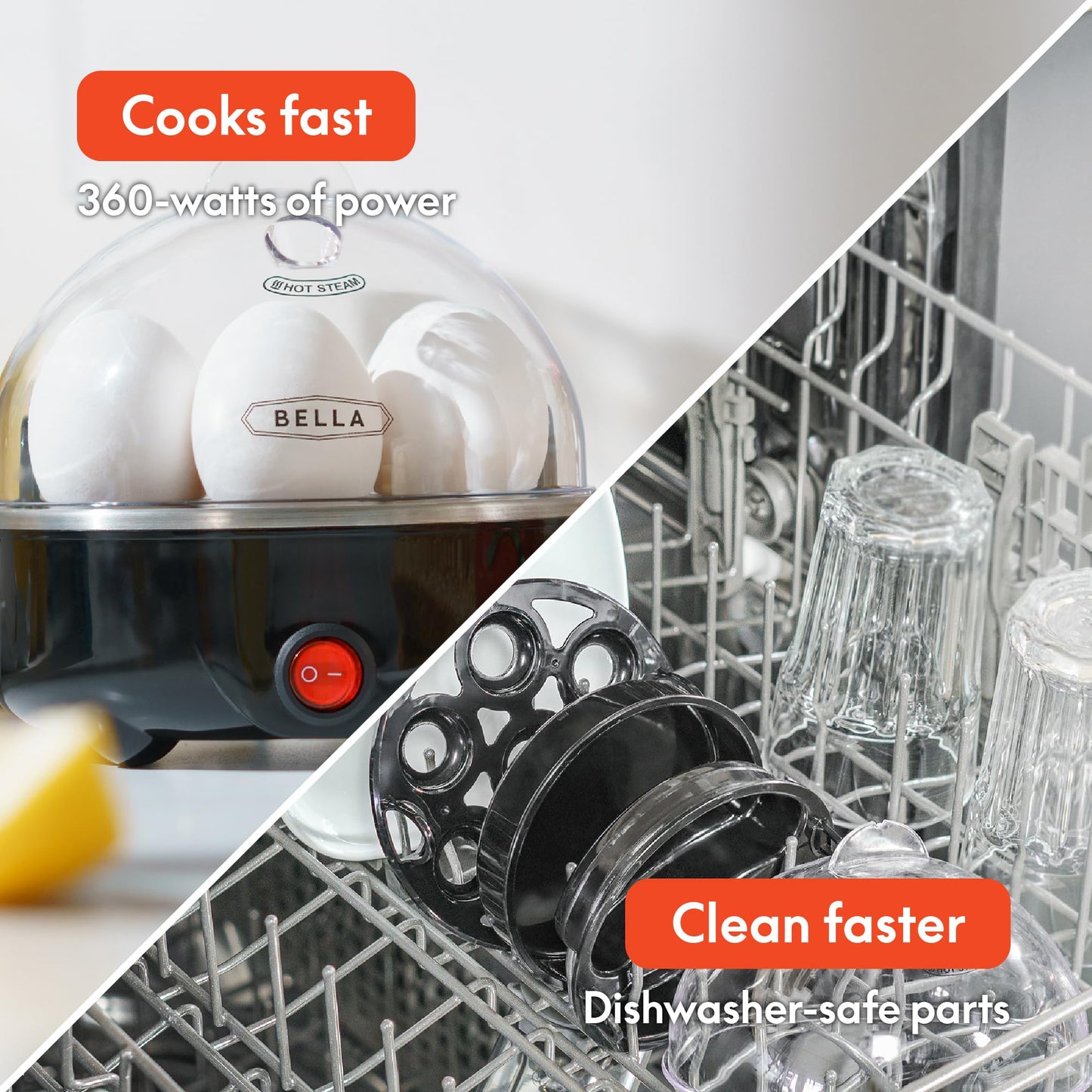 BELLA Egg Cooker, Rapid Boiler & Poacher, Meal Prep Essential, Family Sized Meals: Make Up To 7 Large Boiled Eggs, Dishwasher Safe Lid with Cool-Touch Handles, Poaching Tray Included, Black