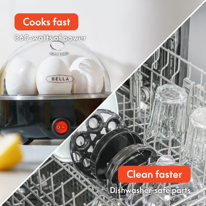 BELLA Egg Cooker, Rapid Boiler & Poacher, Meal Prep Essential, Family Sized Meals: Make Up To 7 Large Boiled Eggs, Dishwasher Safe Lid with Cool-Touch Handles, Poaching Tray Included, Black