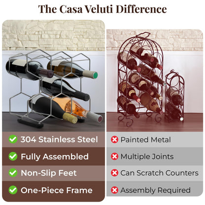 CASA VELUTI Countertop Wine Rack - 8-Bottle - Stainless Steel & Charcoal Oak - 3 Tier Tabletop Wine Holder Stand for Cabinet, Pantry - Freestanding - No Assembly Required