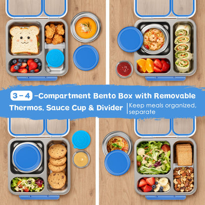 Pawtong Stainless Steel Bento Box Kids Adult with 7oz Insulated Food Jar, Transparent Lid Metal Lunch Box With Soup Thermal Jar, Lunch Box Container with Removable Divider & Sauce Cup School (Blue)