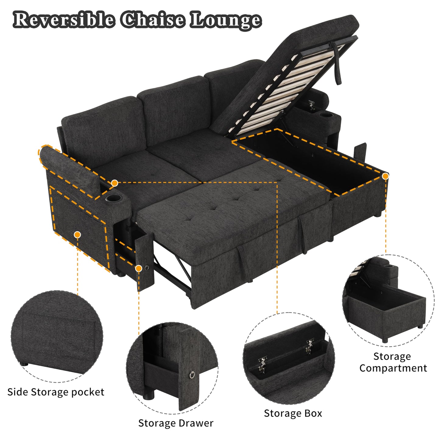 Merax Modern 83.5" L-Shaped Sectional Sofa with Pull-Out Sleeper Bed, USB Ports & Cup Holders, Chenille 3-Seat Couch with Storage Chaise Lounge, Side Pocket & Drawers for Living Room, Black