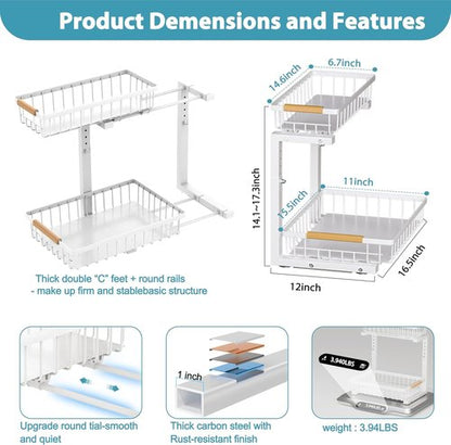 Liuoud Under Sink Organizer - 2 Pack Adjustable 2-Tier Storage Solution for Kitchen & Bathroom Cabinets - White