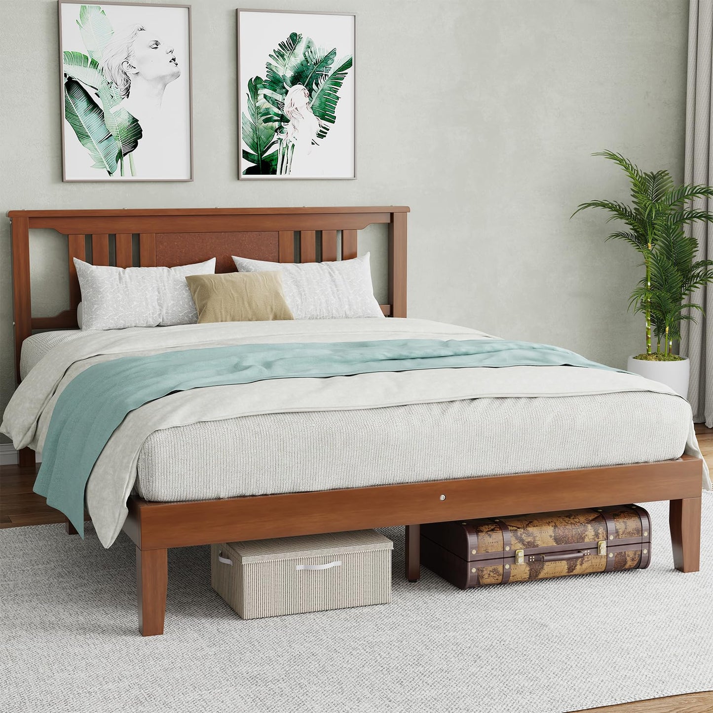HAPPYMONT Solid Wood Bed Frame, Queen Size Platform Bed Frame with Headboard, Sturdy Wood Slat Support, Heavy Duty Pine Wood Bed Frame for Bedroom, No Box Spring Needed