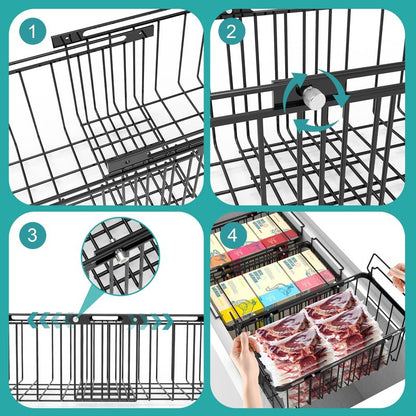 Freezer Organizer Bins, 2 Pack Expandable Stackable Chest Freezer Containers with Hanging Handles, Adjustable From 14.6" to 24.8" Storage Baskets for Fridge, Deep Freezer, Cabinet, Kitchen, Pantry